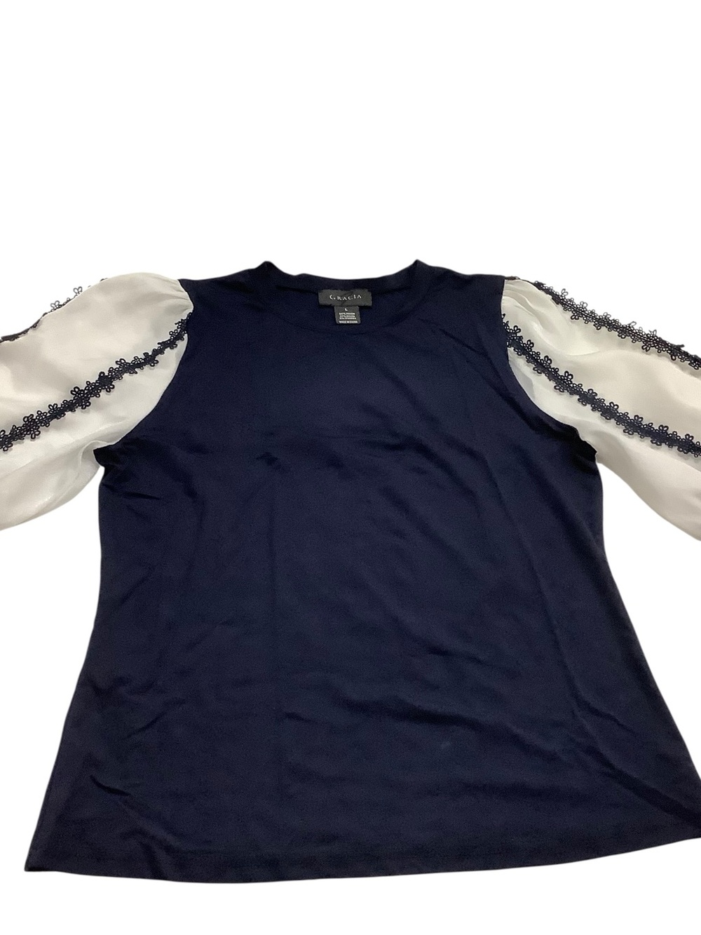 Gracia Navy Knit Top with White Sheer Lace Puff Sleeves - Picture 3 of 9